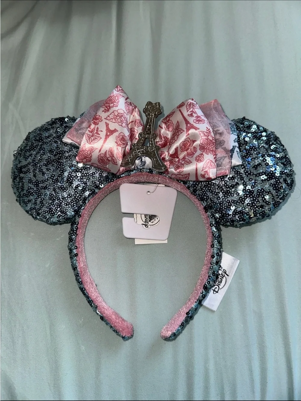 Disney Pink Bow Minnie Ears Headband with Blue Sequin Ears & Eiffel Tower Charm